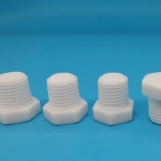 White PTFE hex-head threaded pipe plugs in several sizes on a blue background, with the outer plugs partially cropped; supplied by IKSONIC in China.