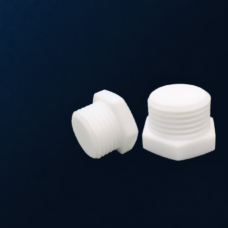 Two white PTFE hex-head threaded pipe plugs in angled and upright views on a dark background; supplied by IKSONIC in China.