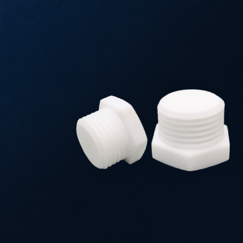 Two white PTFE hex-head threaded pipe plugs in angled and upright views on a dark background; supplied by IKSONIC in China.