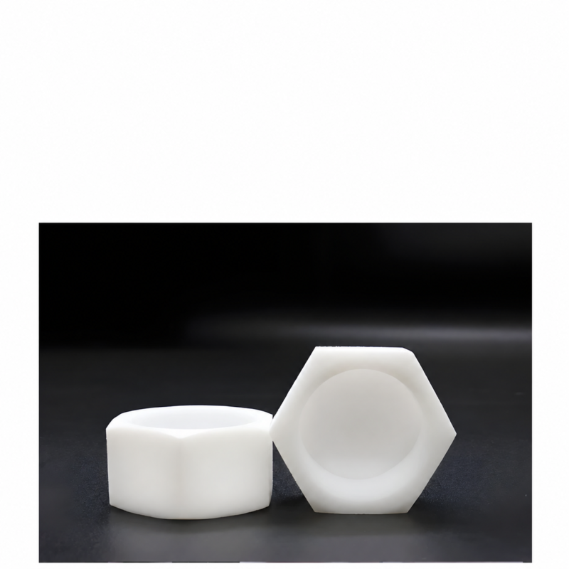 Side and front views of white PTFE hexagonal blind pipe caps from IKSONIC