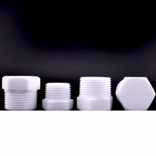 Four white PTFE hex-head threaded pipe plugs in different orientations, supplied by IKSONIC in China