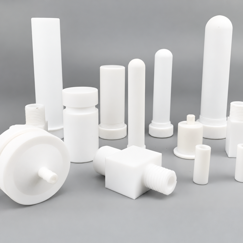 Assorted white PTFE laboratory tubes and capped components for wholesale supply by IKSONIC