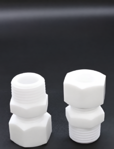 Two white PTFE male-thread compression connectors in opposite orientations for IKSONIC wholesale supply