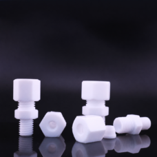 IKSONIC PTFE male threaded ferrule fittings with compression nuts and ferrules on a reflective black background.