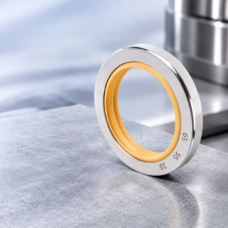 Upright stainless steel oil seal showing its yellow PTFE lip, available from IKSONIC