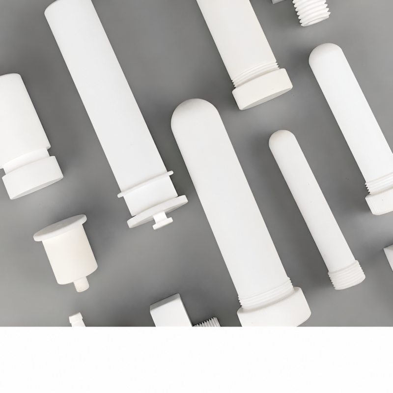 IKSONIC PTFE Reagent Tube Assortment – China Supplier White PTFE reagent tubes and threaded components on a gray background, supplied by IKSONIC in China
