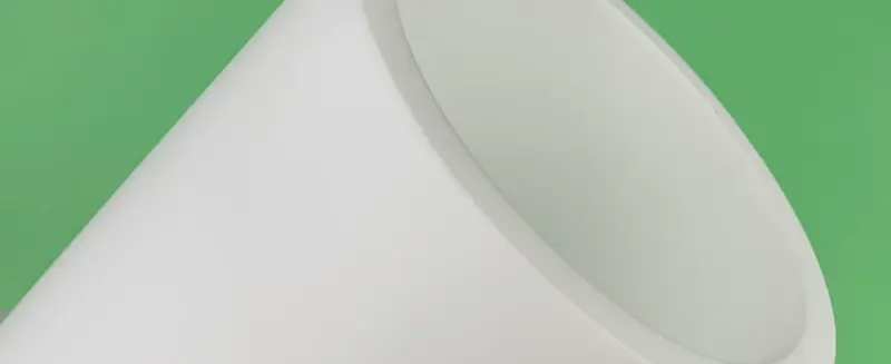 White PTFE sleeve close-up showing the open bore, rim and cylindrical wall; supplied by IKSONIC in China.