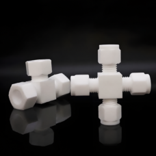 White PTFE tee and cross compression fittings with threaded nuts, supplied by IKSONIC.