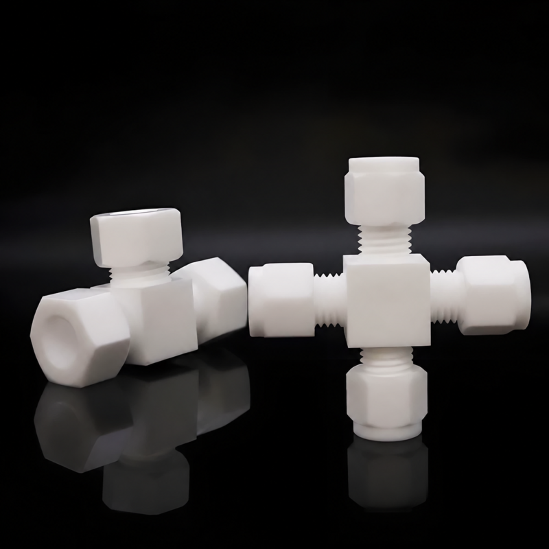 iksonic-ptfe-tee-cross-compression-fittings-supplier White PTFE tee and cross compression fittings with threaded nuts, supplied by IKSONIC.