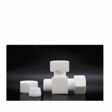 PTFE tee fitting with exposed threads and separate nut and ferrule, supplied by IKSONIC.