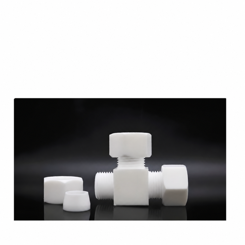 PTFE tee fitting with exposed threads and separate nut and ferrule, supplied by IKSONIC.