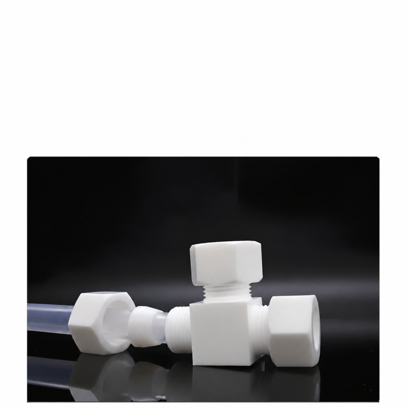 PTFE tee fitting with tube, compression nut and ferrule connection detail from IKSONIC.