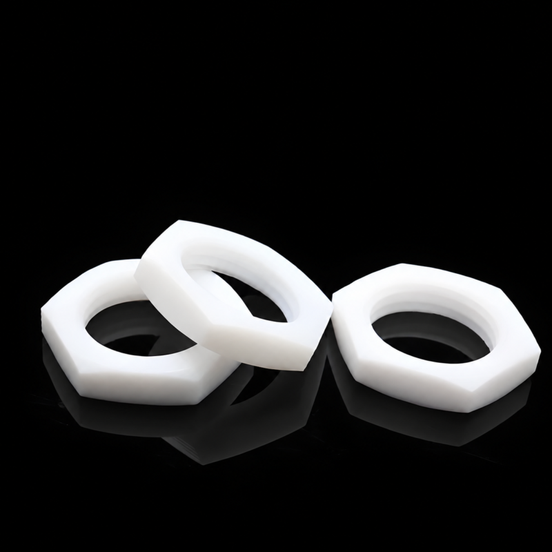 iksonic-ptfe-thin-hex-nuts-supplier-three-piece Three white PTFE thin hex nuts on a reflective black surface, shown for the IKSONIC supplier catalog.