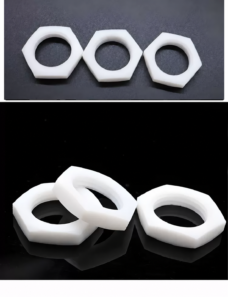 Two views of white PTFE thin hex nuts, with three lying flat above and a three-nut angled arrangement below, shown for the IKSONIC supplier catalog.