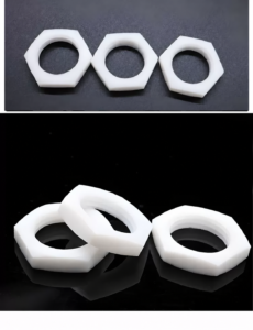 White IKSONIC PTFE thin hex nuts shown in two panels: three flat top views above and a three-nut angled arrangement below.