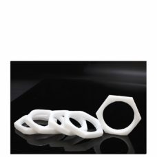 Overlapping white PTFE thin hex nuts with one nut standing upright at the right, shown for the IKSONIC wholesale catalog.