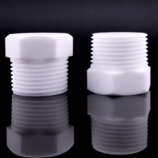 Two white PTFE threaded pipe plugs shown in opposite side orientations, IKSONIC supplier