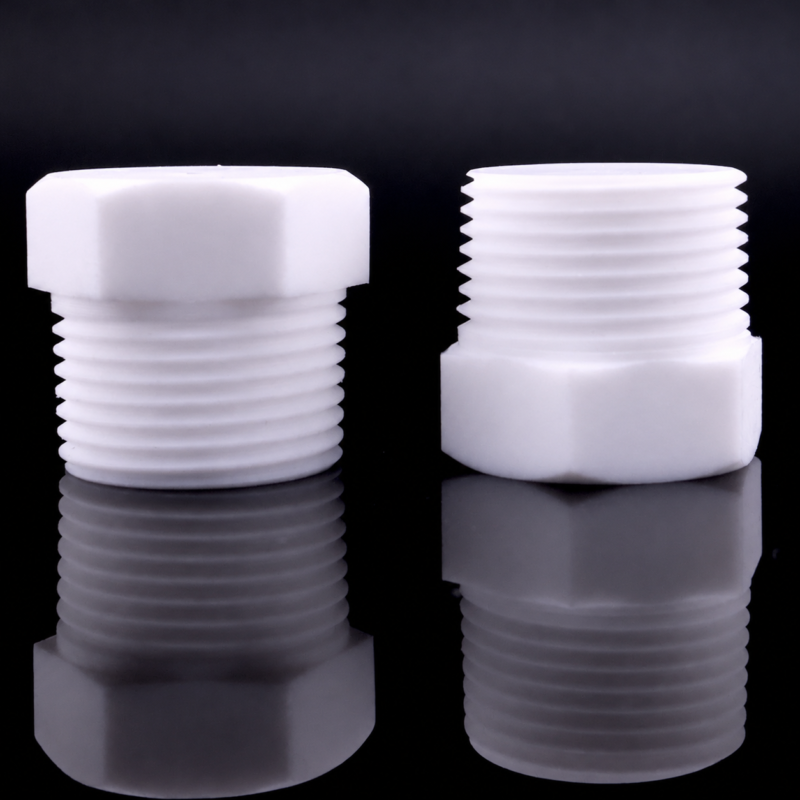 Two white PTFE threaded pipe plugs shown in opposite side orientations, IKSONIC supplier