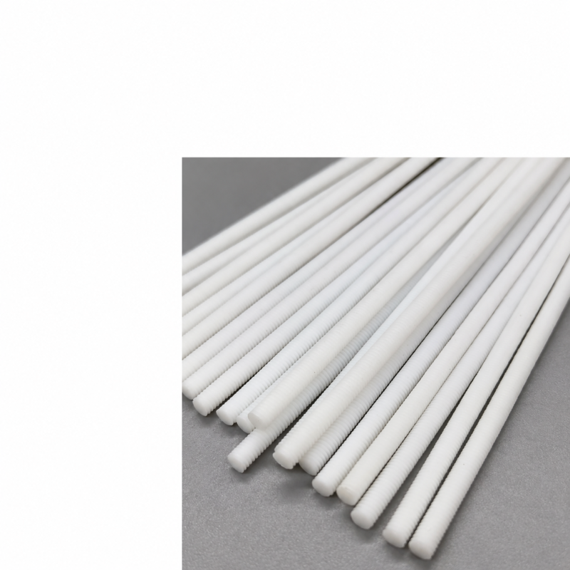 Close-up of white PTFE threaded rod ends and threads, IKSONIC product detail