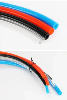 Close-up of open ends on clear, black, orange and blue IKSONIC polyurethane tubing.