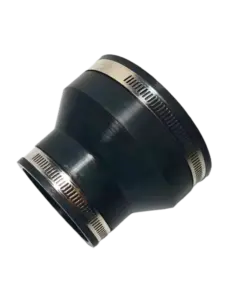 Black reducing rubber pipe coupling shown at an angle with two metal clamps.