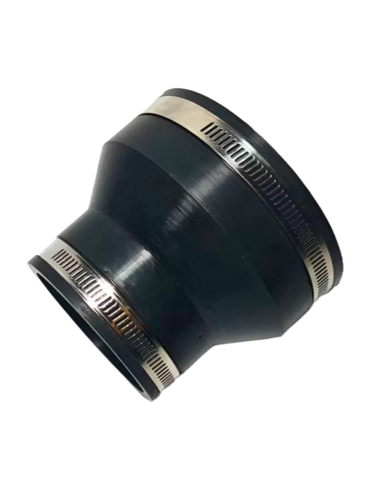 Black reducing rubber pipe coupling shown at an angle with two metal clamps.