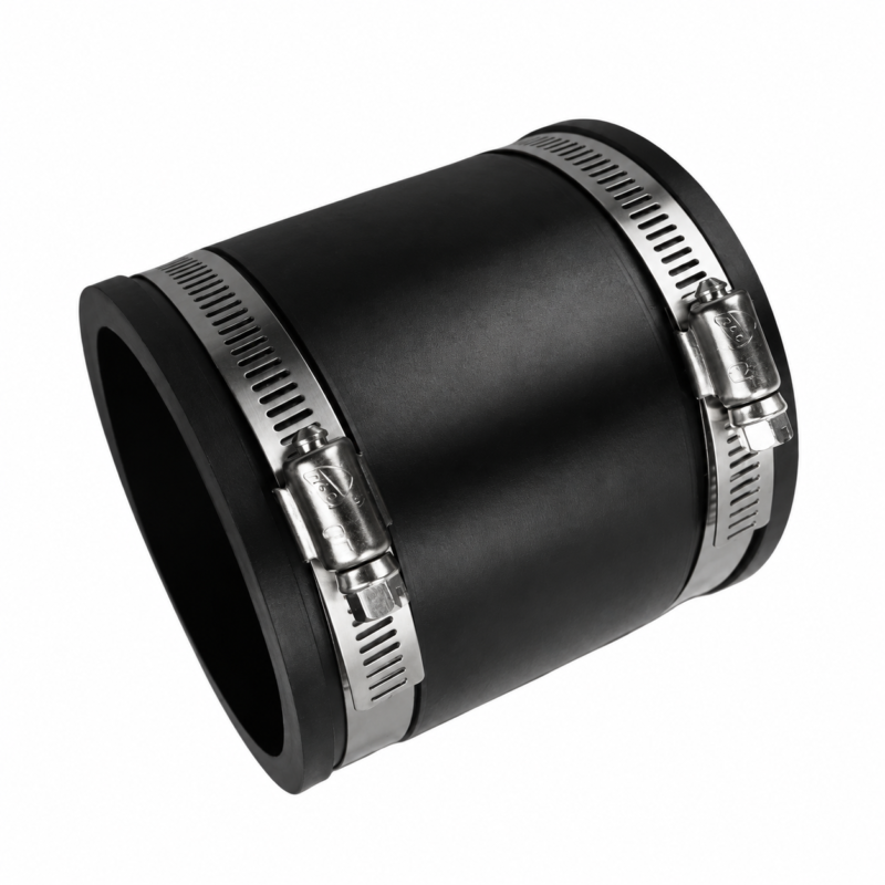 Black rubber pipe coupling with two stainless-steel worm-drive clamps, offered by IKSONIC China supplier.