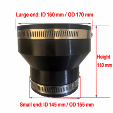 Rubber reducer coupling with 160 mm and 145 mm inner diameters, 110 mm height and stainless steel clamps from IKSONIC, a China supplier.