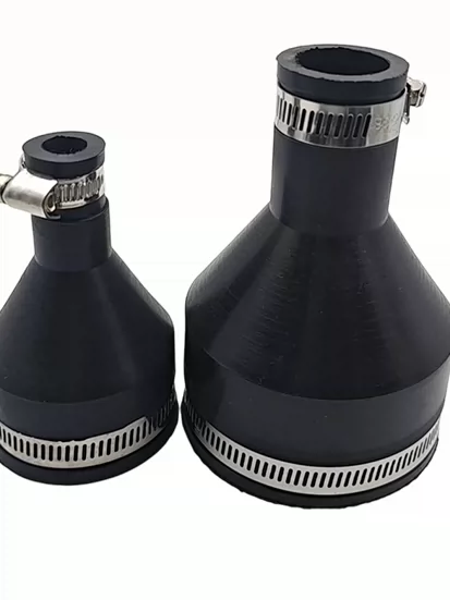 iksonic-rubber-reducer-couplings-stainless-steel-clamps Black rubber reducer couplings with stainless steel hose clamps from IKSONIC, a China supplier.