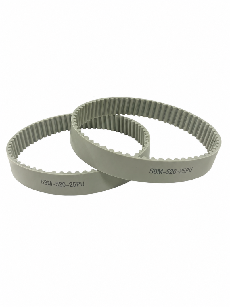 Two overlapping gray S8M-520-25PU timing belts showing inner teeth, available from IKSONIC.