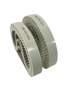 Gray S8M polyurethane timing belts in a coiled display, with visible toothed profiles and S8M-520-25PU markings, available from IKSONIC.