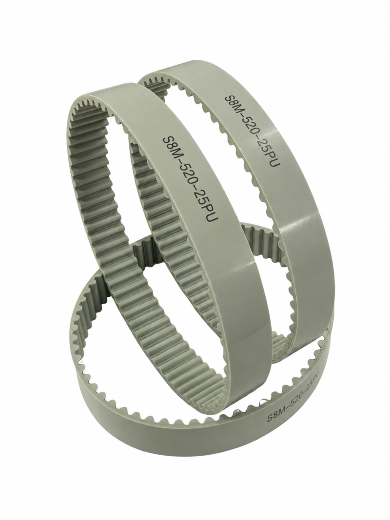 Three gray S8M polyurethane timing belt loops with visible teeth and S8M-520-25PU markings, supplied by IKSONIC.