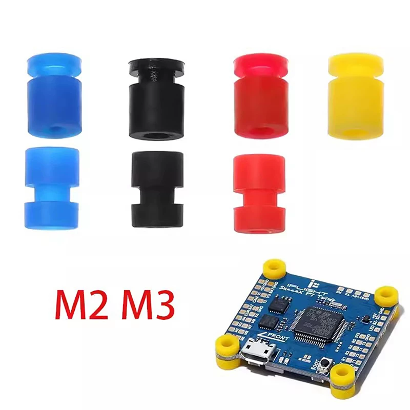 Silicone flight-controller vibration dampers in several colors, with a circuit-board installation example; IKSONIC China supplier.