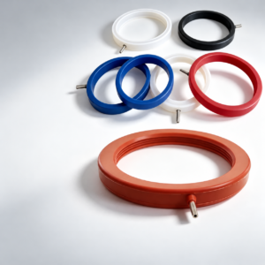 Colored IKSONIC silicone inflatable seal rings with metal air connections.