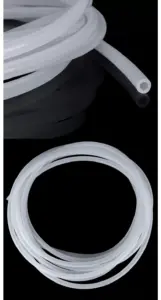 Translucent IKSONIC silicone peristaltic pump tubing coil and open end on a black background.