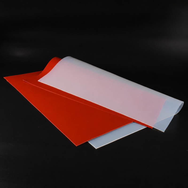 Overlapping red and translucent silicone rubber sheets on a black background; supplied by IKSONIC in China.