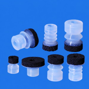 Product composite showing seven IKSONIC small-head foam vacuum suction cup profiles.