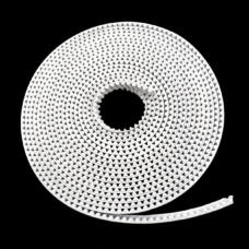 Coiled white IKSONIC open-ended PU timing belt on a black background.