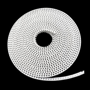 Coiled white IKSONIC open-ended PU timing belt on a black background.