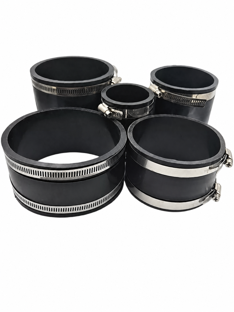 Five black straight rubber pipe couplings with metal band clamps in assorted sizes, offered by IKSONIC China supplier.