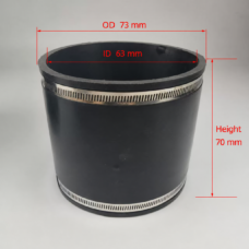 Black straight rubber coupling with two clamps, labeled ID 63 mm, OD 73 mm and height 70 mm, offered by IKSONIC China supplier.
