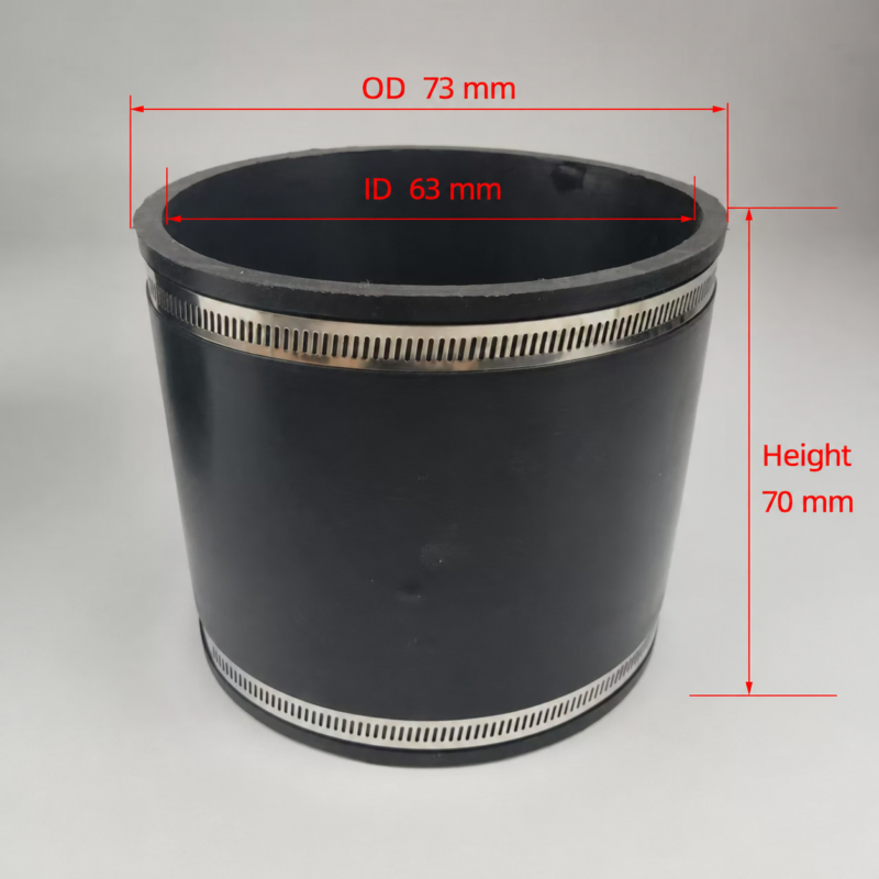 Black straight rubber coupling with two clamps, labeled ID 63 mm, OD 73 mm and height 70 mm, offered by IKSONIC China supplier.