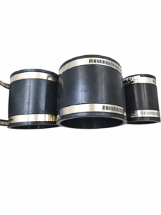 Three black straight rubber pipe couplings with metal band clamps, offered by IKSONIC China supplier.