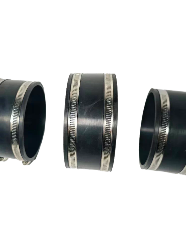 Straight black rubber pipe couplings with metal clamps; the left and right examples are partially cropped.
