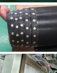 Black conveyor belt eyelet detail and belt machine application in the IKSONIC supplier catalog.