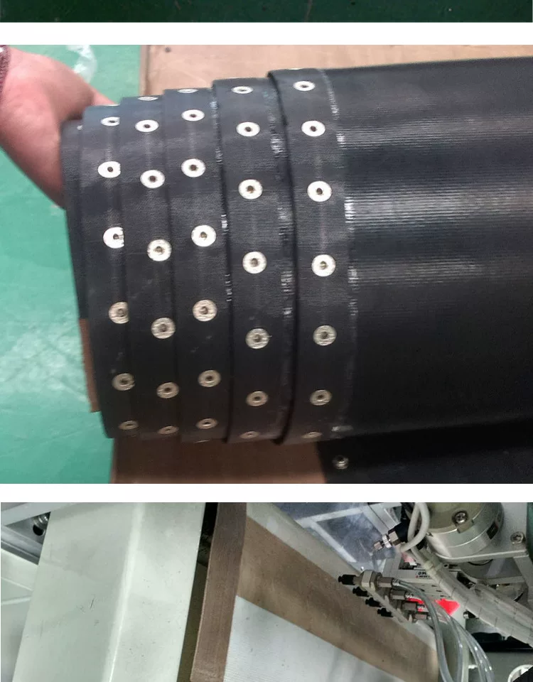 Black conveyor belt eyelet detail and belt machine application in the IKSONIC supplier catalog.