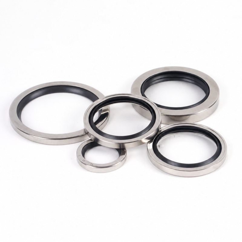 Five imported finished stainless-steel PTFE oil seals with black inner lips in an overlapping arrangement on a white background, supplied by IKSONIC.