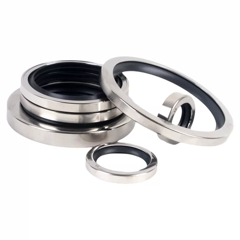 Imported finished stainless-steel PTFE oil seals with black inner lips in stacked and angled positions on a white background, supplied by IKSONIC.