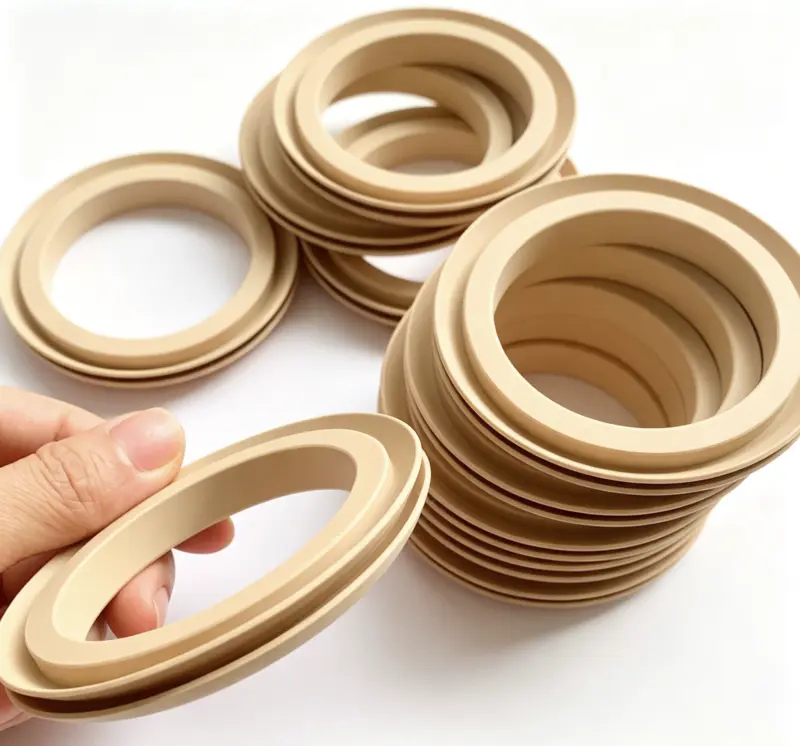Close-up of a PTFE filling machine piston seal beside stacked seals; supplied by IKSONIC in China