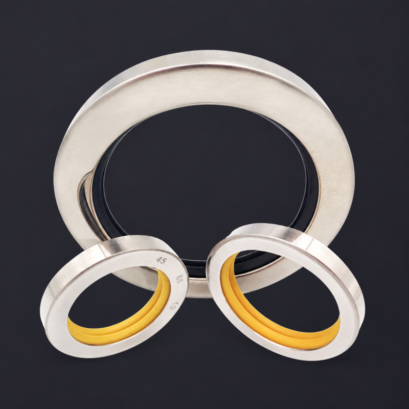 Three stainless-steel oil seals on a charcoal background, with one large black-lipped ring behind two smaller yellow-lipped rings, supplied by IKSONIC in China.